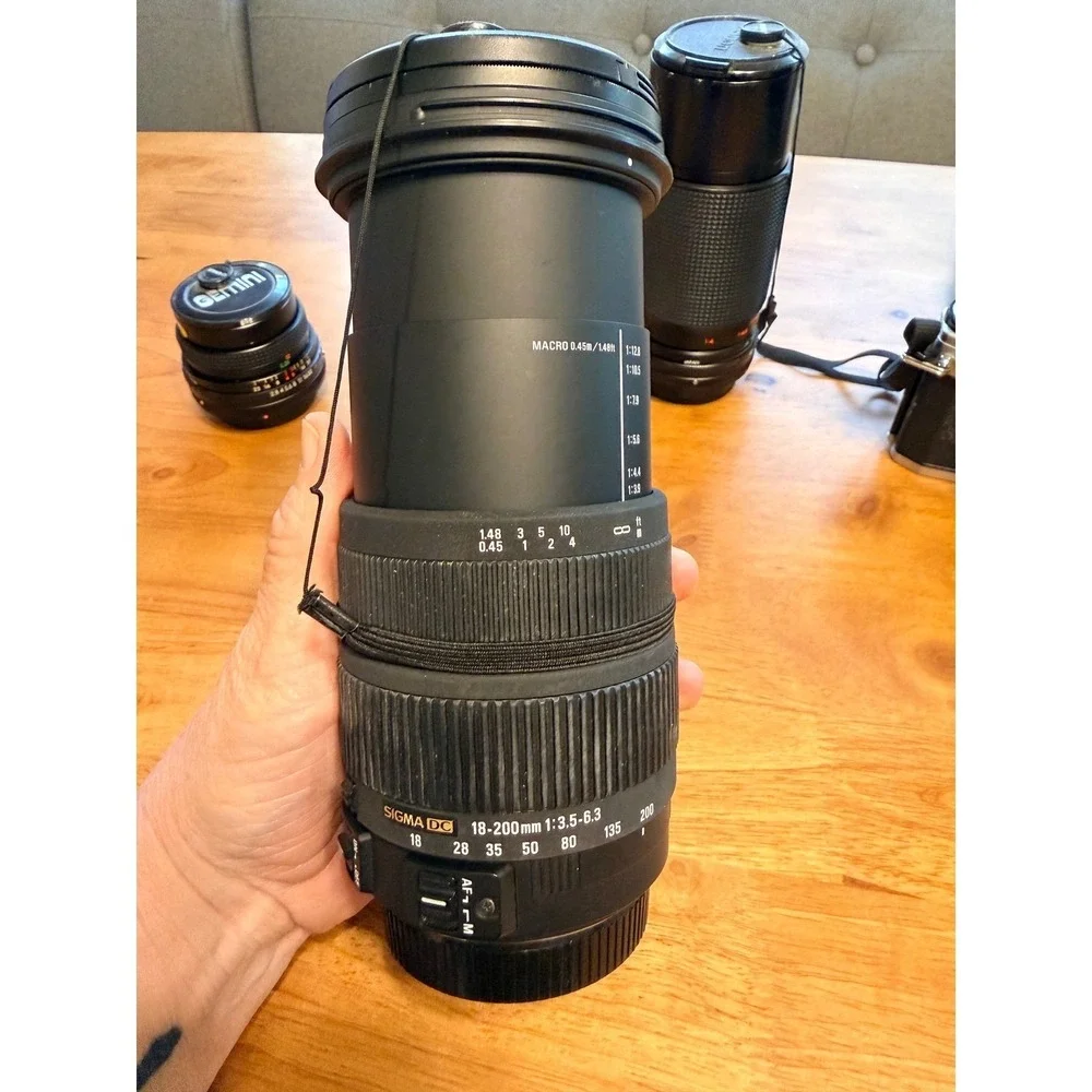 Canon AV-1 35mm SLR Film Camera Bundle Sigma 18-200mm Gemini 80-205mm Lenses